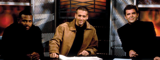 Kellerman (center) was 24 when he became co-host with Brian Kenny (right) of ESPN’s boxing series, Friday Night Fights, in October 1998, just five months after graduation. They are joined on set by Roy Jones Jr. (left), a champion in three weight classes. PHOTO: RICH ARDEN